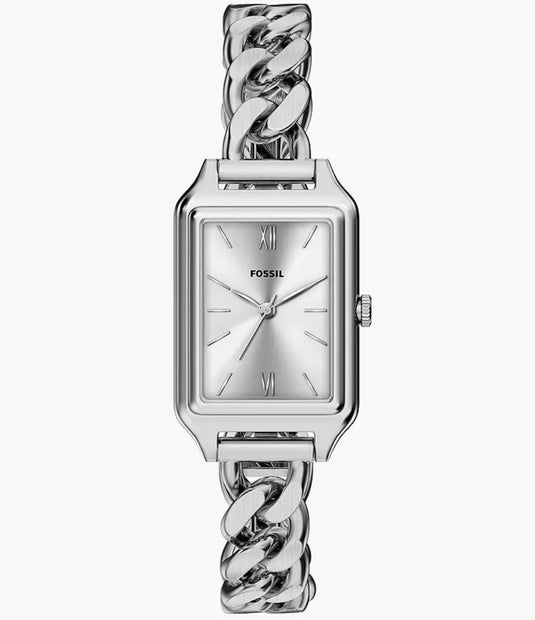 A silver-tone women's analog watch with a rectangular case, silver dial, and a chunky chain-link bracelet, shown against a plain light gray background. The brand name 'FOSSIL' is visible on the dial.