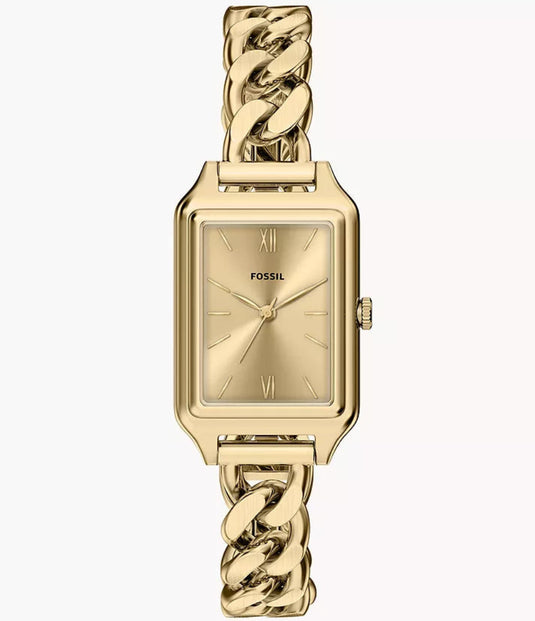 Gold wristwatch with a braided design on a white background