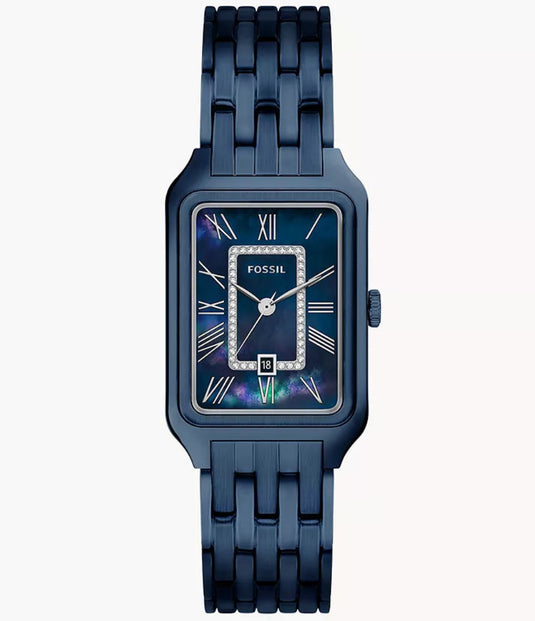 Blue Fossil watch on a white background