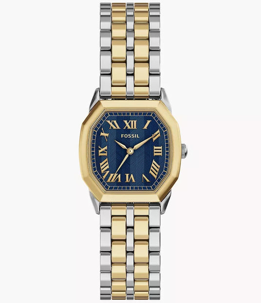 Two-tone watch with gold and silver band on a white background