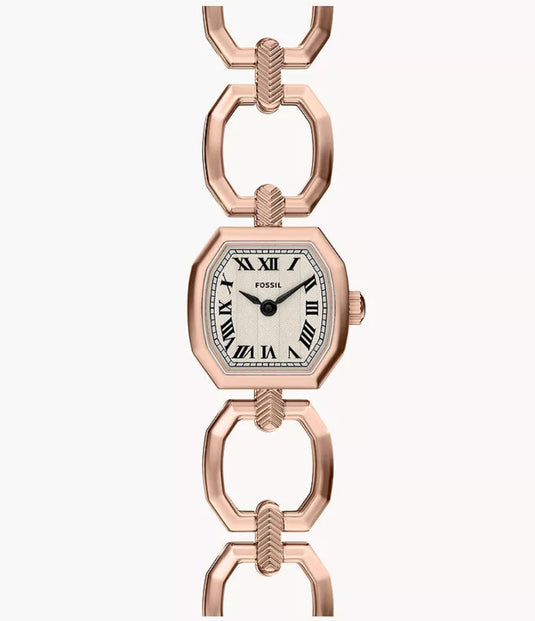 A Cartier watch with a rose gold octagonal case and a matching rose gold link bracelet featuring twisted rope details, set against a plain white background.