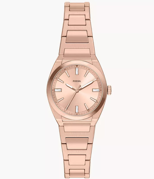 A rose gold women's analog watch with a matching metal link bracelet and a matching rose gold dial, shown against a plain white background.