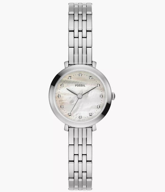 Fossil women's watch with a silver-tone metal link bracelet and a round dial featuring a mother-of-pearl textured face with diamond hour markers, shown against a plain white background.