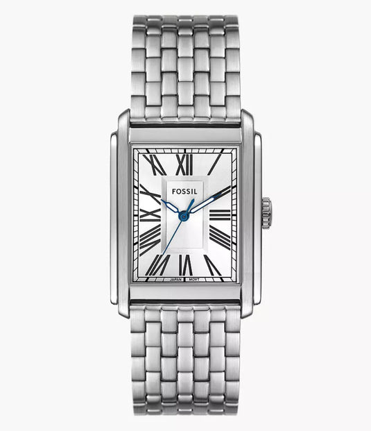 Silver Fossil watch with woven bracelet on a white background