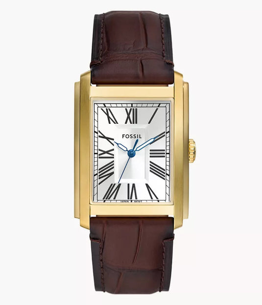 Fossil watch with brown leather strap and gold case on white background