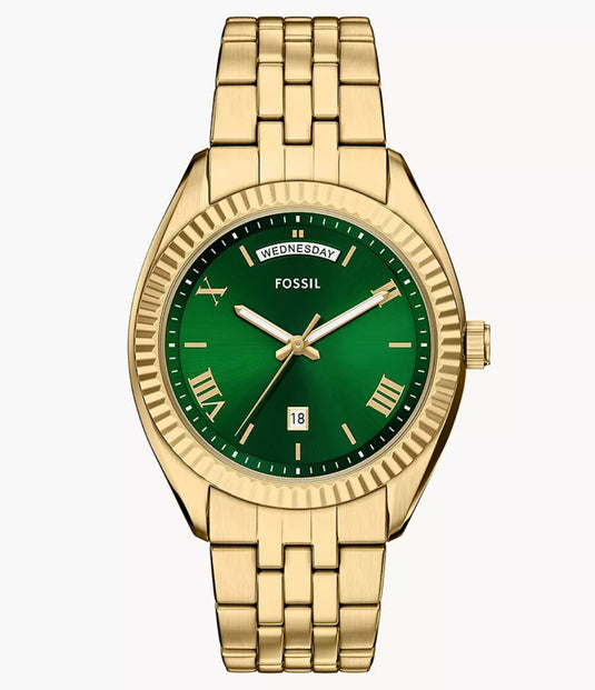 Gold watch with green dial on a white background