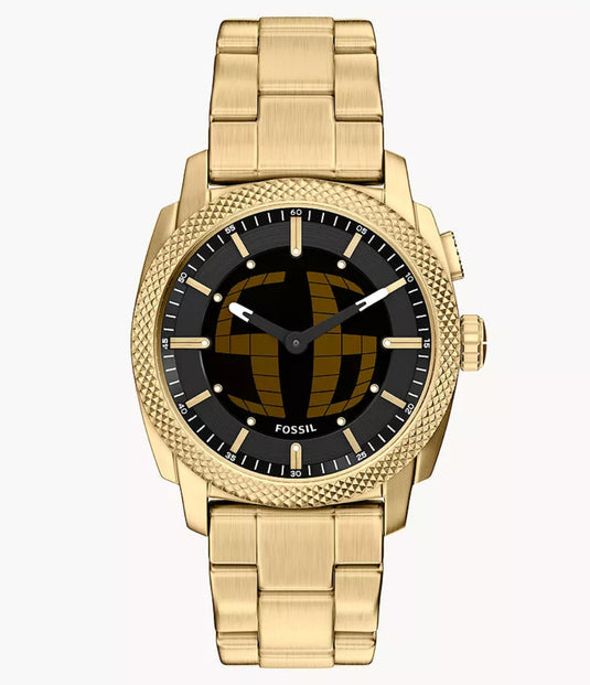 Gold wristwatch with black face on a white background
