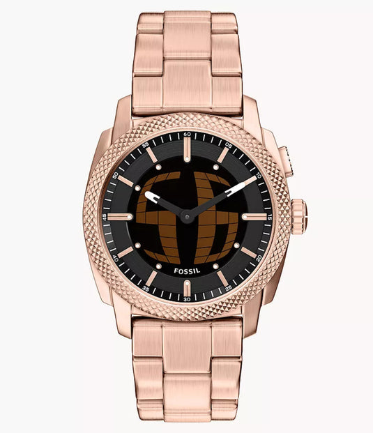 Rose gold watch with black face on a white background