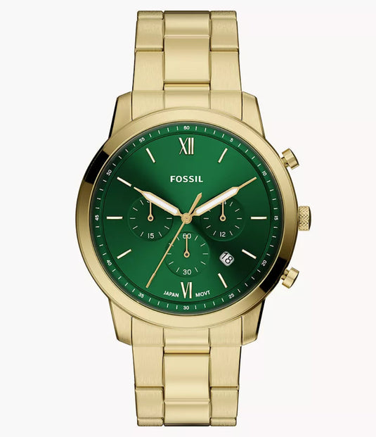 Gold watch with a green face on a white background