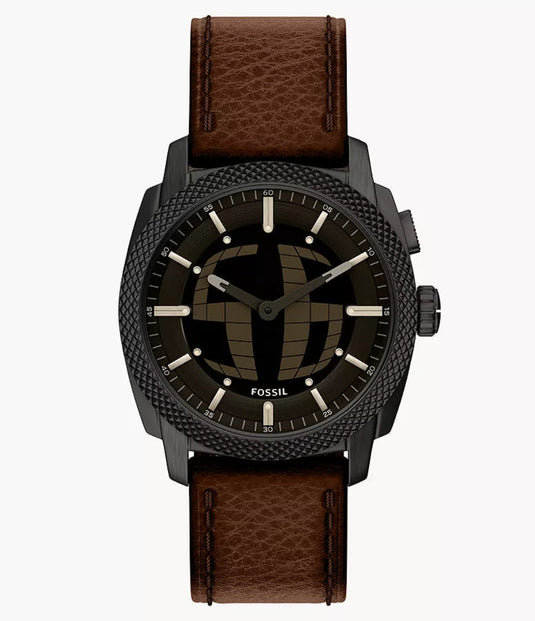 Fossil watch with brown leather strap on a white background