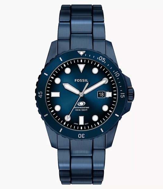 Blue Fossil watch on a white background