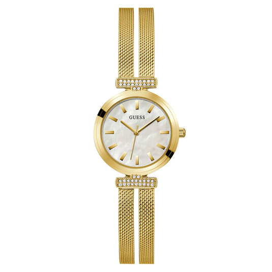 Guess Array White Dial & Yellow Gold Chain Watch for Women