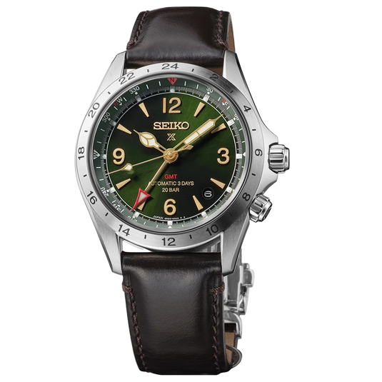 A Seiko wristwatch with a dark green dial, silver stainless steel case, and a dark brown leather strap, shown against a plain white background.