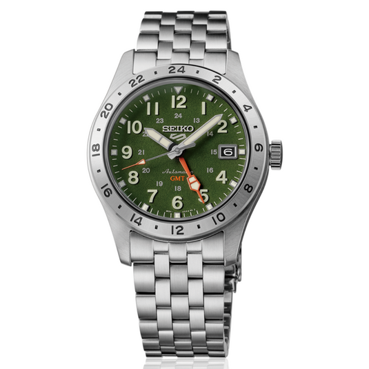 A Seiko stainless steel wristwatch with a green dial, silver bezel and link bracelet, featuring a 24-hour bezel and date window.