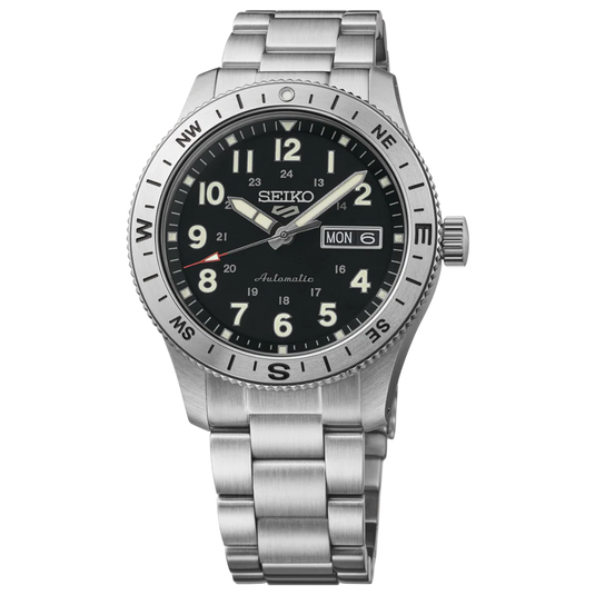 A Seiko stainless steel wristwatch with a black dial, luminous Arabic numerals, a rotating bezel, and a matching steel link bracelet, shown on a clean white background.