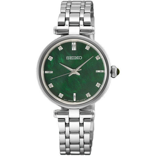 A Seiko women's watch featuring a round silver-tone stainless steel case and a green dial with crystal hour markers, set against a plain white background.