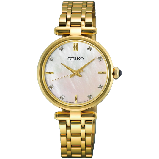 A Seiko women's watch featuring a gold-tone stainless steel link bracelet, a round gold case, and a white mother-of-pearl dial with crystal hour markers.