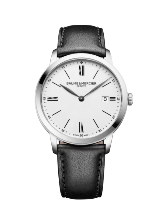Baume & Mercier watch with black leather strap and white dial