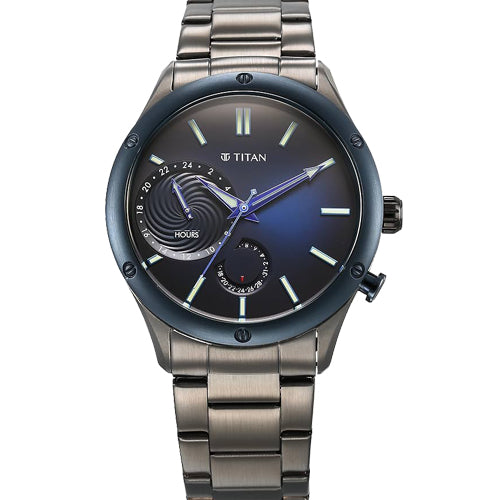 Titan Stellar Multifunction Blue Dial Grey Stainless Steel Strap Watch For Men 42.2mm NS10009KM01