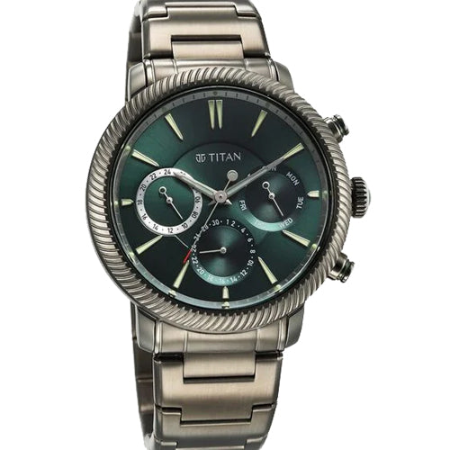 Titan Stellar Quartz Multifunction Green Dial Stainless Steel Strap Watch for Men 44mm NS10012QM01