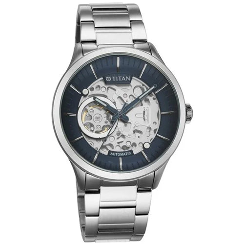 Titan Metal Mechanicals Blue Dial Silver Stainless Steel Strap Watch for Men 43mm NS90140SM01