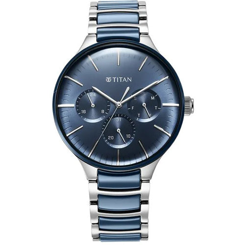 Titan Ceramic Fusion Quartz Multifunction Blue Dial Silver Dual-Toned Stainless Steel Bracelet Watch for Men 42mm NS90148KD02