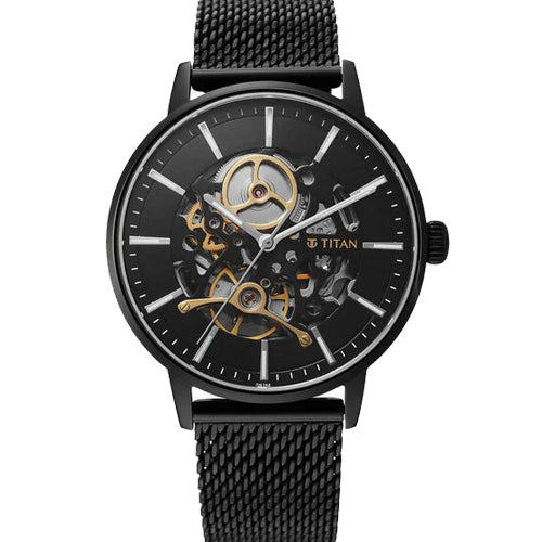 Titan Mechanical Slimline Black Dial Black Mesh Strap Watch for Men 42mm NS90159NM01