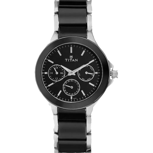 Titan Ceramics Black Dial Quartz Multifunction Stainless Steel and Ceramic Strap watch for Men 42.6mm NT90089KD01