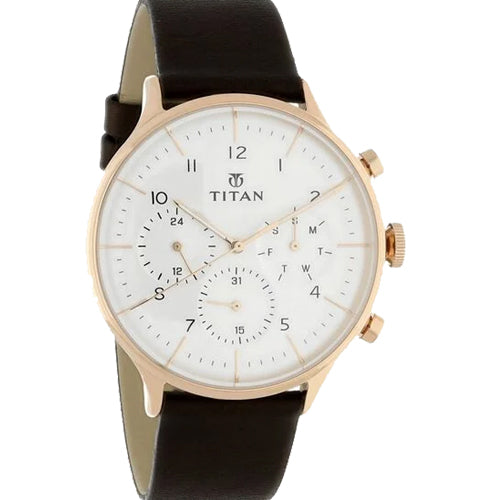 Titan Quartz Multifunction White Dial Leather Strap Watch for Men 42mm NT90102WL01
