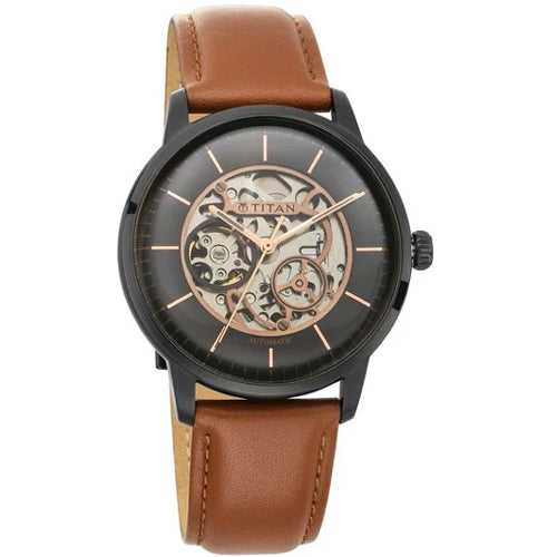 Titan Automatics Black Dial Tan Leather Strap Watch for Men 44mm NT90110NL01