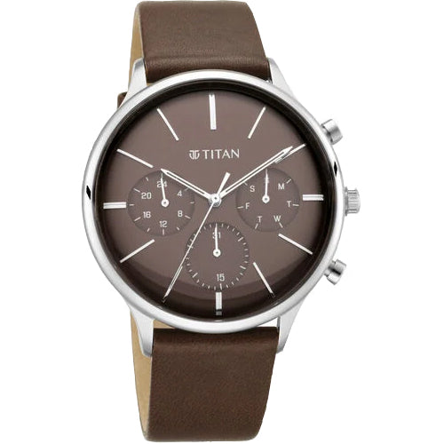 Titan Quartz Multifunction Brown Dial Leather Strap Watch for Men 42mm NT90134SL02