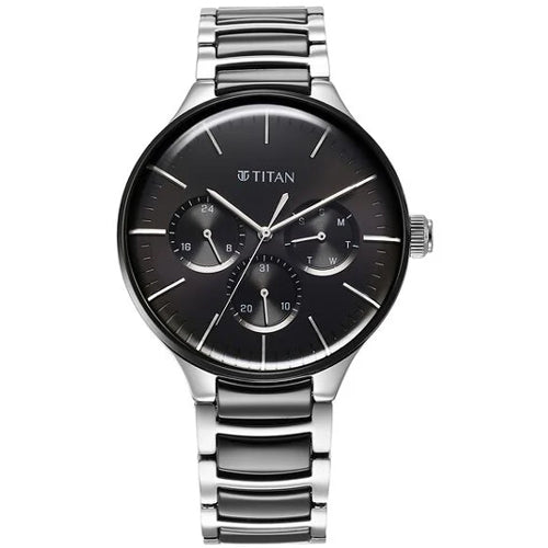 Titan Ceramic Fusion Quartz Multifunction Black Dial Silver Dual-Toned Stainless Steel Bracelet Watch for Men 42mm NT90148KD01