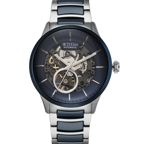 Titan Ceramic Fusion Automatic Blue Dial Silver Dual-Toned Stainless Steel Bracelet Watch for Men 42.2mm NT90174KD02