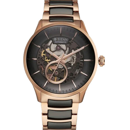 Titan Ceramic Fusion Automatic Black Dial Rose Gold Dual-Toned Stainless Steel Bracelet Watch for Men 42.2mm NT90174KD03