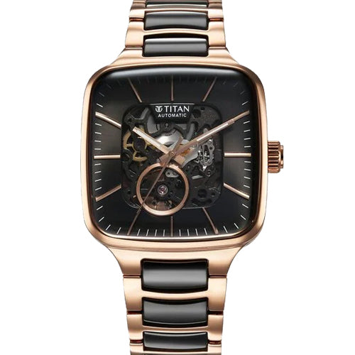 Titan Ceramic Fusion Automatic Square Black Dial Silver Dual-Toned Stainless Steel Bracelet Watch for Men 39mm NT90175KD03