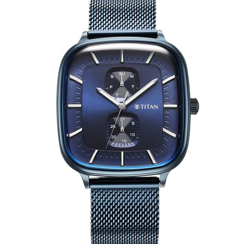 Titan Avant Garde Blue Dial Quartz Multifunction Stainless Steel Strap Watch for Men 42mm NT90178QM01
