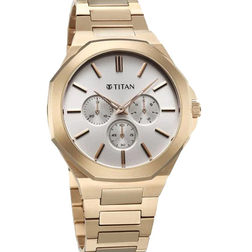 Titan Classic Slim Multifunction Multifunction Silver Dial Carnation Gold Stainless Steel Strap Watch For Men 43.5mm NT90198WM01