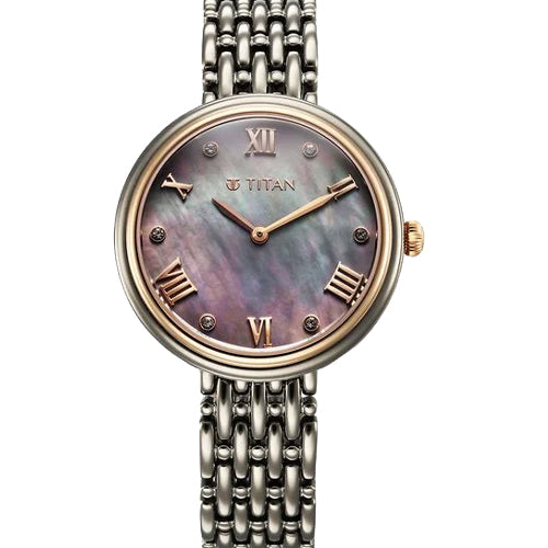Titan Aura Quartz Analog Titanium Mother of Pearl Dial Titanium Stainless Steel Strap Watch for Women 34mm NT95243KM01