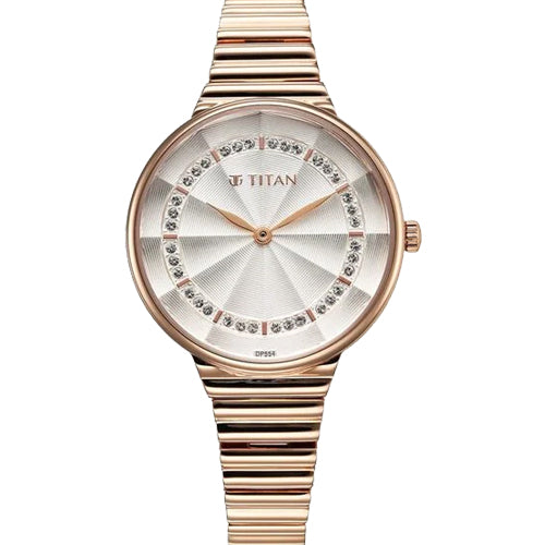 Titan Aura Quartz Analog Silver Dial Rose Gold Stainless Steel Strap Watch For Women 34mm NT95245WM02