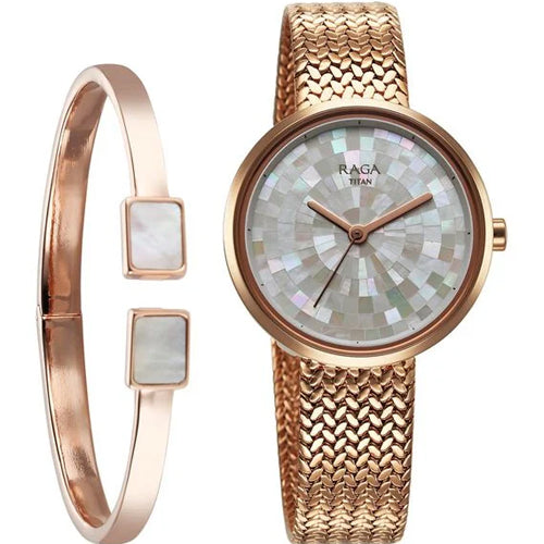 Titan Raga Memoirs Quartz Analog Mother Of Pearl Round Dial Rose Gold Metal Strap Watch For Women 32mm NT95253WM02F