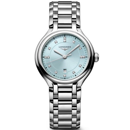 A Longines women's watch featuring a silver stainless steel case and link bracelet, with a light blue dial and crystal hour markers.