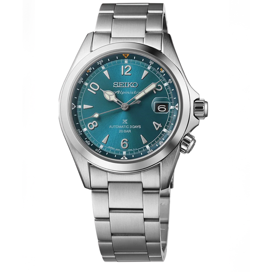 A Seiko wristwatch with a stainless steel link bracelet, featuring a blue-green dial and a silver-tone case on a plain white background.