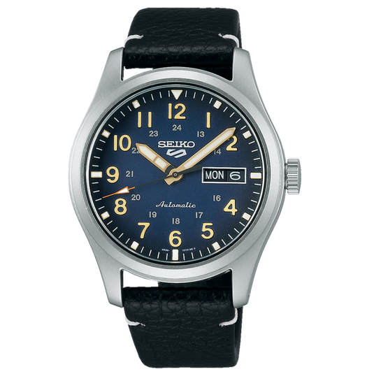 Seiko watch with black leather strap and blue dial on a white background