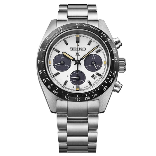 Silver Seiko watch with a white face on a white background