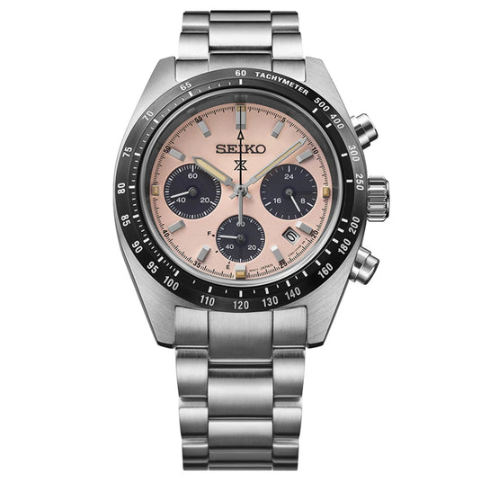 Silver Seiko watch with a detailed face on a white background
