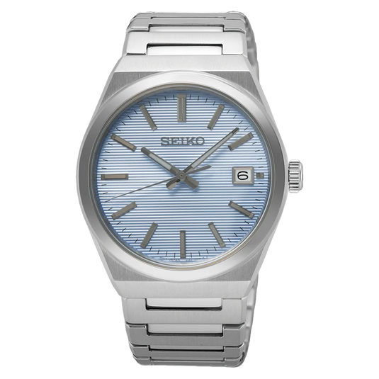 A Seiko stainless steel watch with a light blue sunburst dial, silver-tone case, and matching metal link bracelet, shown against a plain white background.