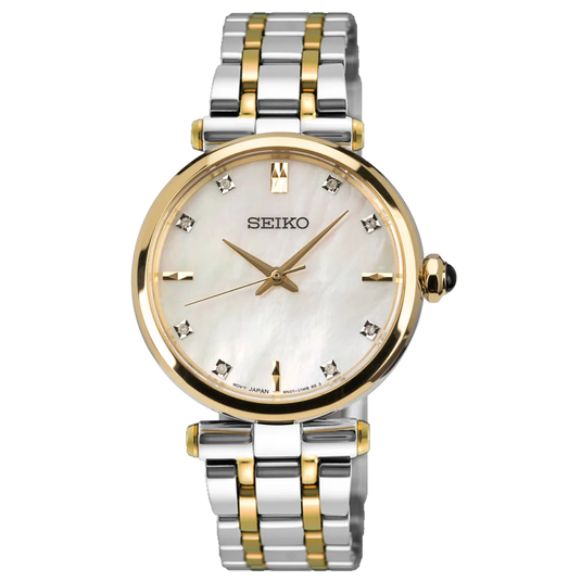 A Seiko women's two-tone stainless steel and gold watch with a white mother-of-pearl dial, crystal gemstone hour markers, and a matching two-tone link bracelet, shown on a plain white background.