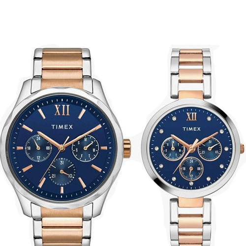 Timex Empera Pairs Blue Dial Round Case Multifunction Function Watch 44mm & 35mm TW00PR267