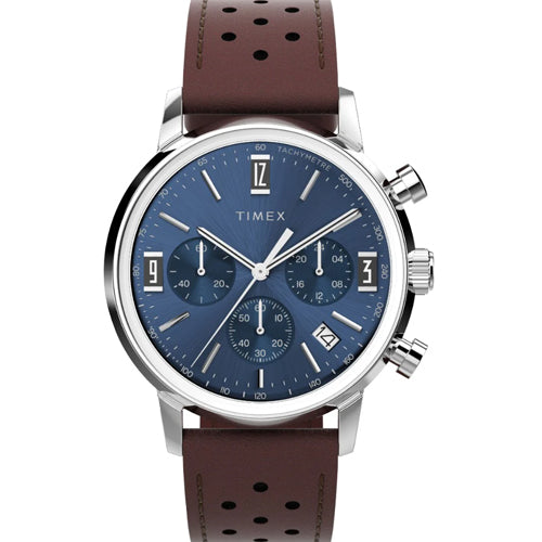 Timex Marlin Men Chronograph Tachymeter Blue Dial Leather Strap Watch 40mm TW2W10200UJ