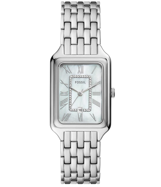 Fossil women's analog watch with a silver-tone rectangular case, rhinestone-embellished dial, and matching stainless steel link bracelet on a white background.